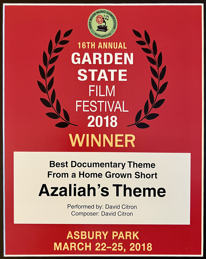 Garden State Film Festival 2018 winner certificate for Best Documentary Theme From a Home Grown Short, Azaliah's Theme, composed and performed by David Citron